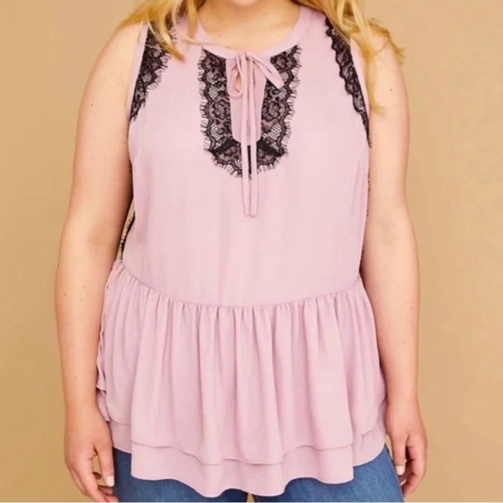 Lane Bryant Size 14 Mauve Black Lace Sleeveless Peplum Blouse